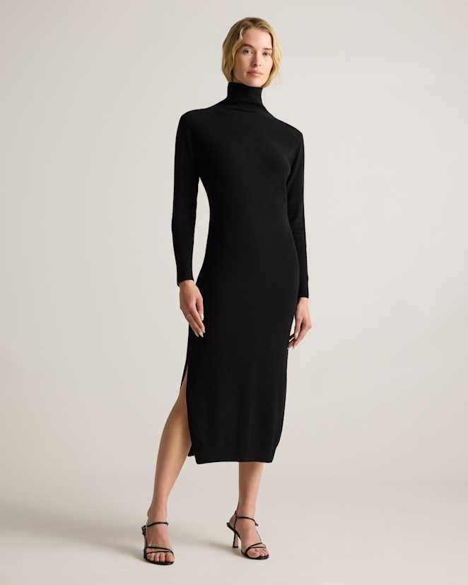 Black Mongolian Cashmere Turtleneck Midi Sweater Dress