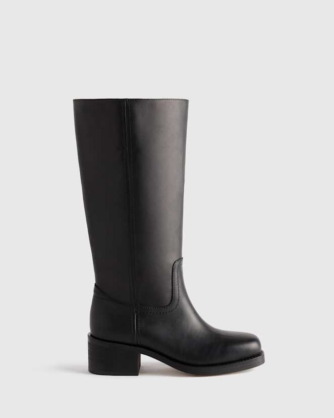 Black Italian Leather Block Heel Boot