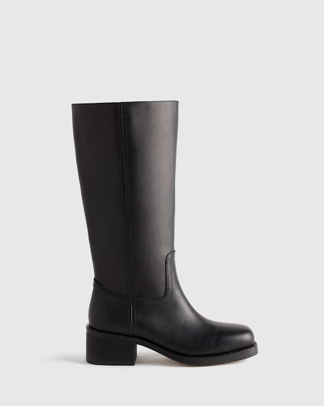 Black Italian Leather Block Heel Boot
