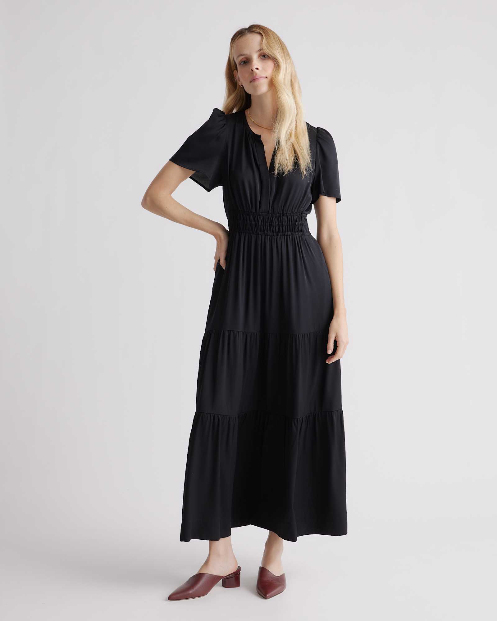 black Washable Stretch Silk Tiered Maxi Dress
