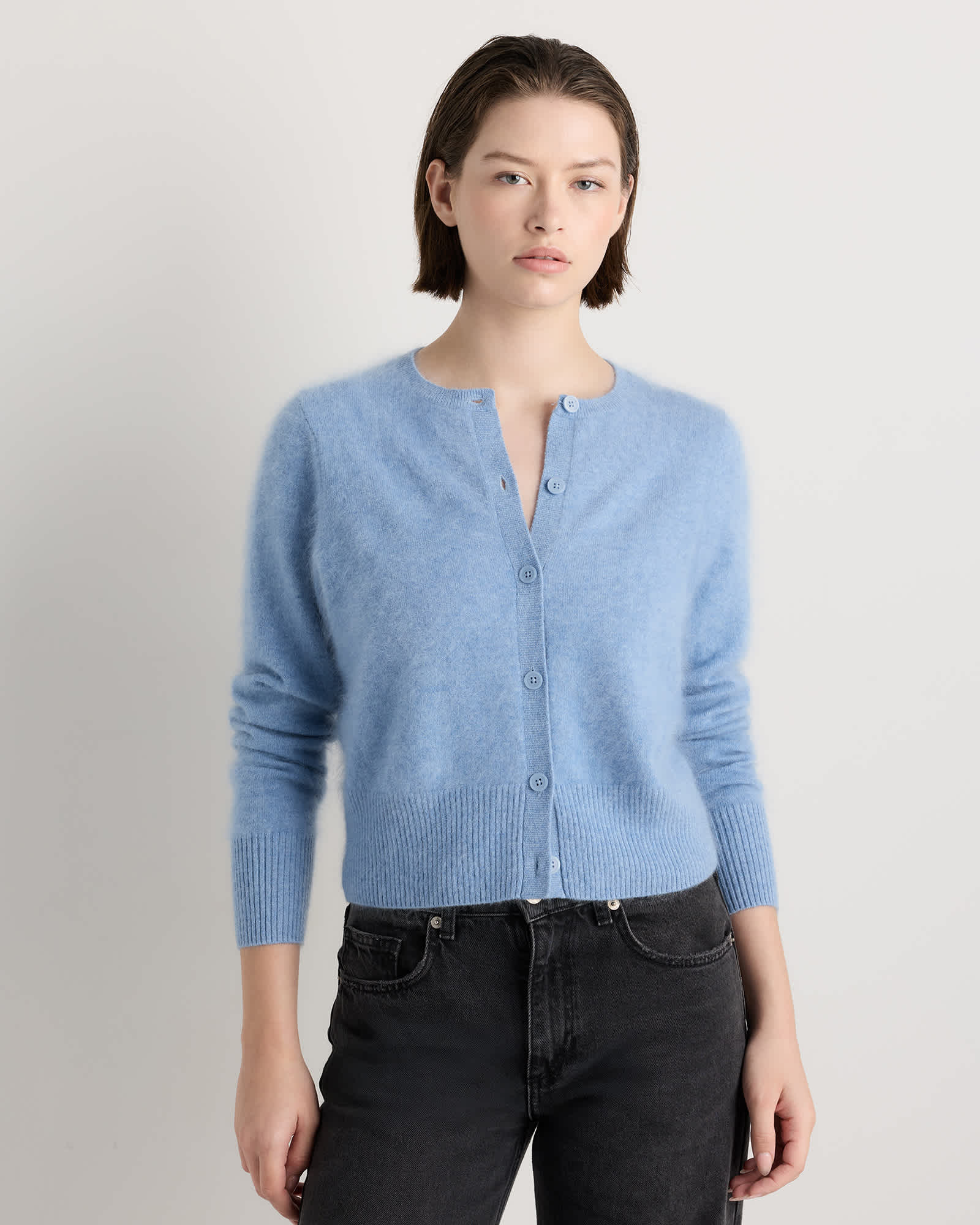 Faded Denim Cardigan écourté en cachemire brossé à col rond
