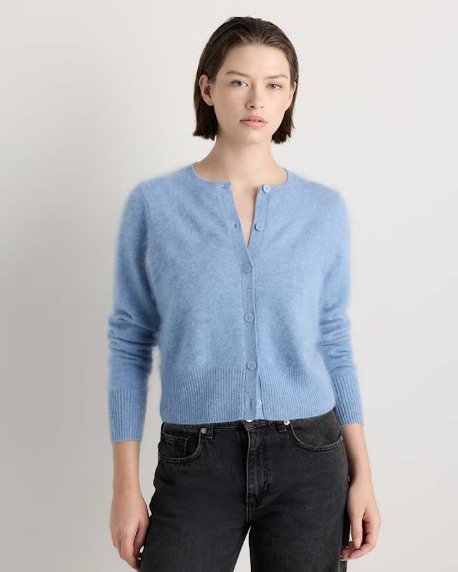 Faded Denim Brushed Cashmere Cropped Crewneck Cardigan