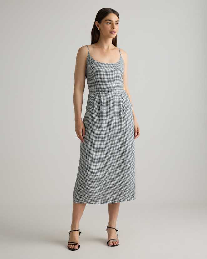 Classic Mini Gingham 100% European Linen Scoop Neck Midi Dress