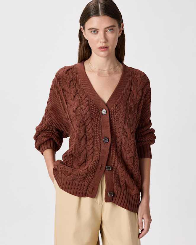 W-SWT-36-RDWDBR-01 EDITED Redwood Brown 100% Organic Cotton Oversized Cable Cardigan