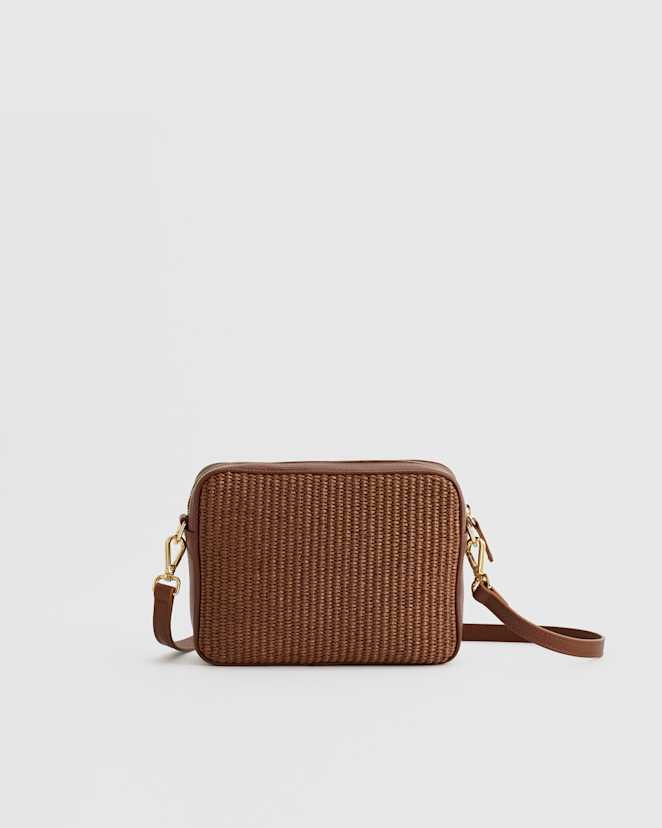 Mocha Italian Leather & Raffia Crossbody