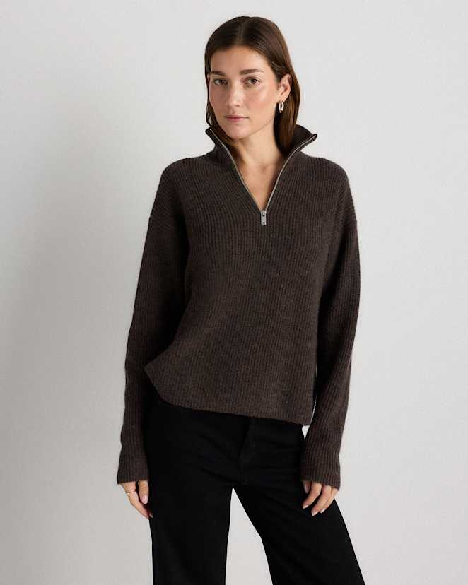 Heather Truffle Brown Mongolian Cashmere Fisherman Quarter Zip Sweater