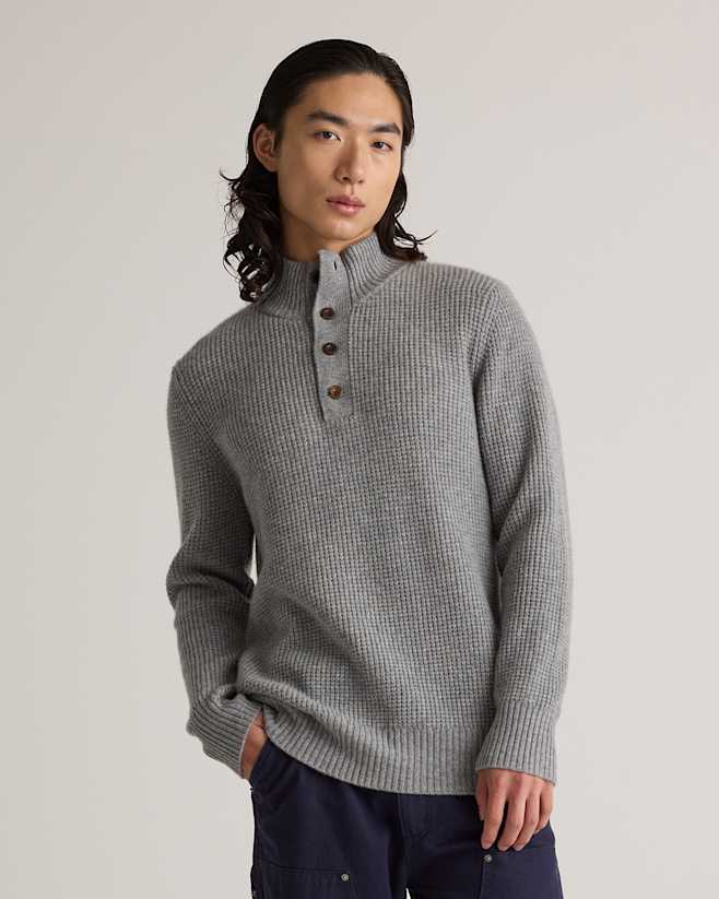 Heather Grey Mongolian Cashmere Waffle Quarter Button Sweater