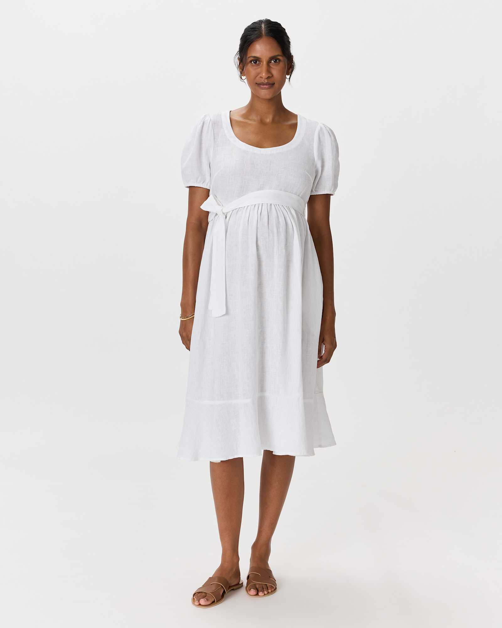 white 100% European Linen Maternity Short Sleeve Midi Dress
