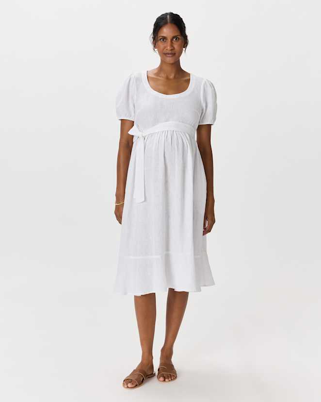 White 100% European Linen Maternity Short Sleeve Midi Dress
