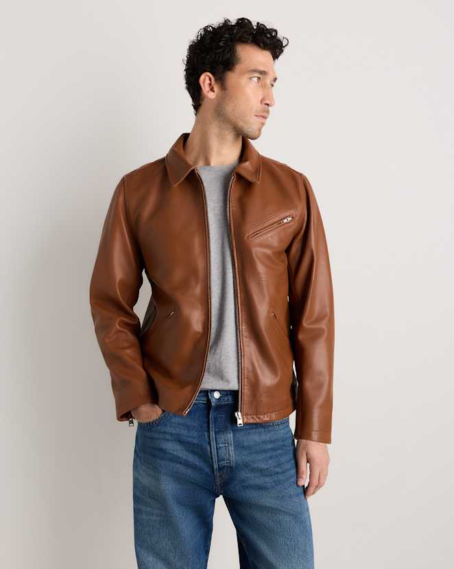 Dark Cognac Brown 100% Washed Leather Moto Jacket