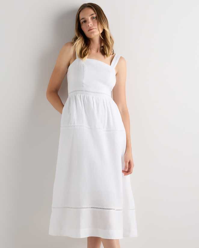 White 100% European Linen Ladder Stitch Midi Dress