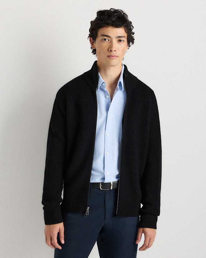 Black Australian Merino Wool Full Zip Sweater
