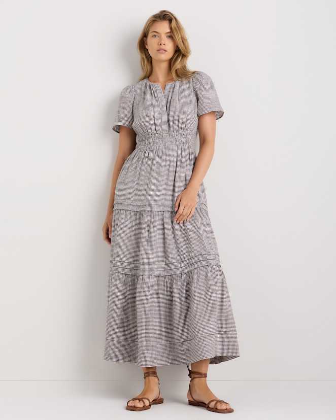 Taupe Brown Gingham 100% European Linen Tiered Maxi Dress