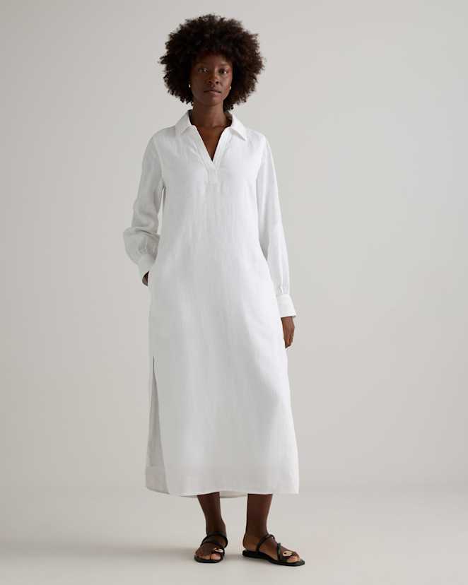 White 100% European Linen Popover Maxi Dress