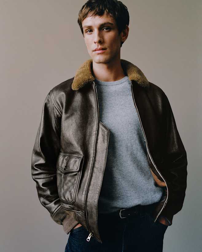 Rich Brown Blouson aviateur en cuir à col en shearling