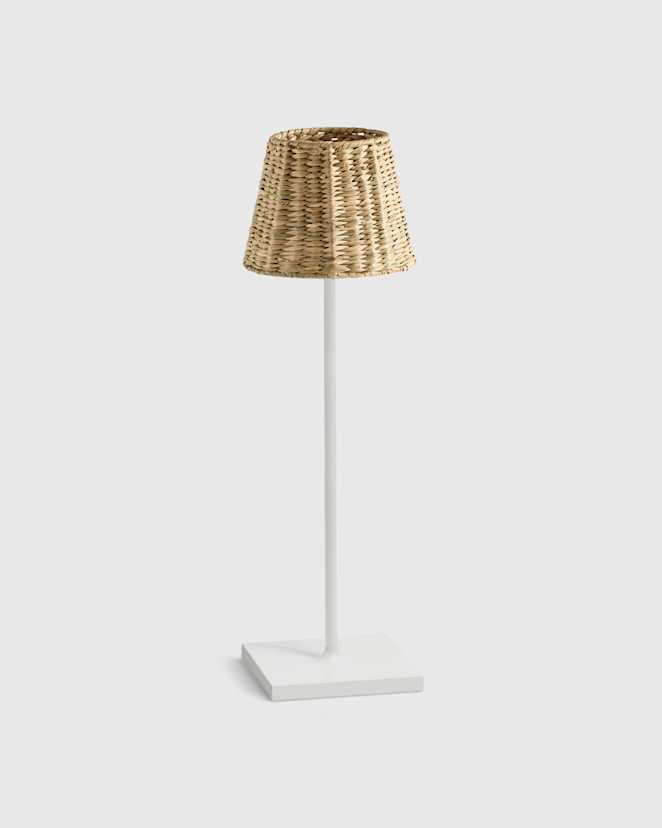 White Poldina Pro Rechargeable Table Lamp with Seagrass Shade by Zafferano