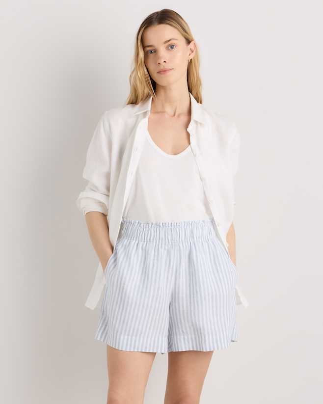 Sky Blue Mariner Stripe 100% European Linen High Waisted Shorts