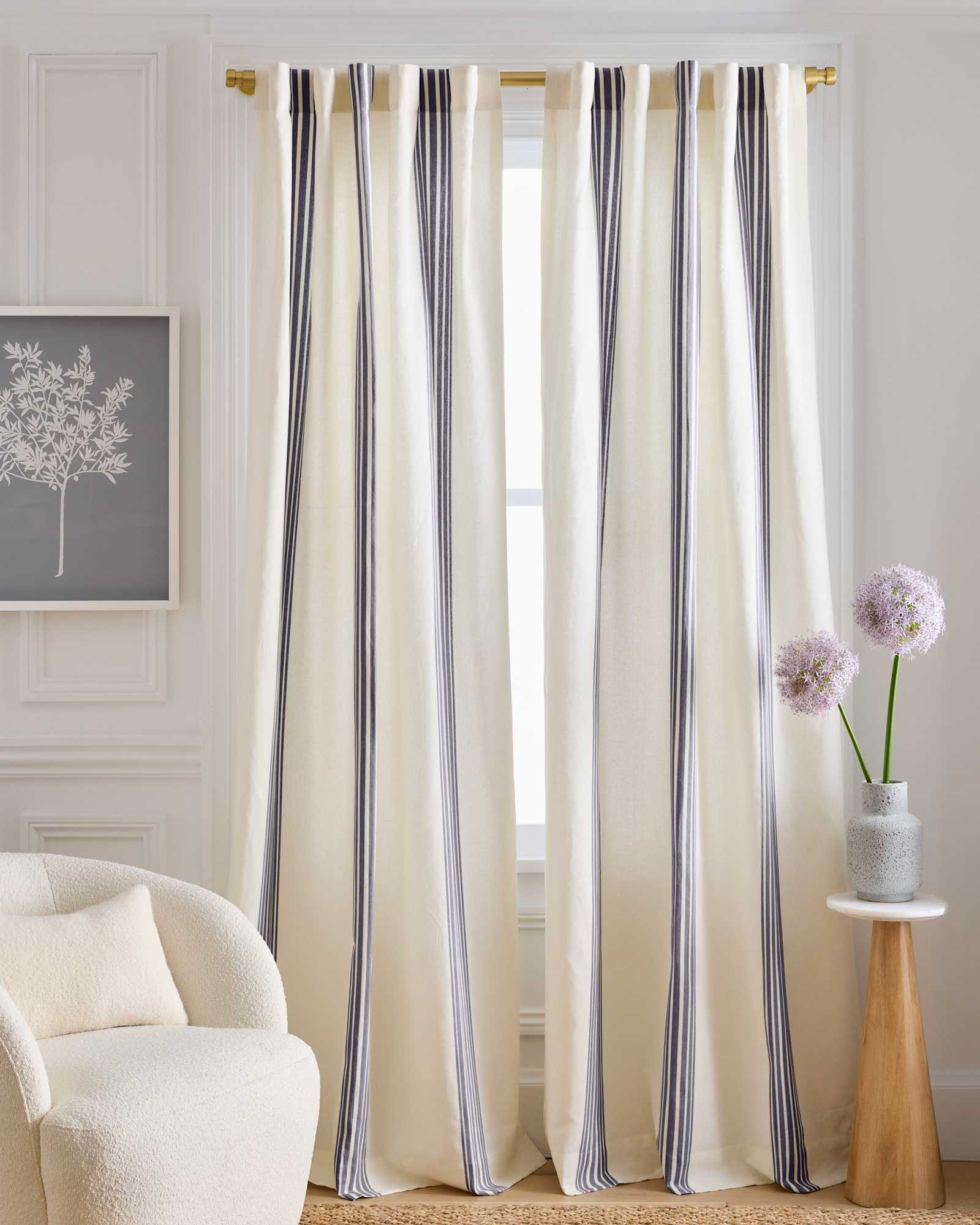 ivory/navy Coastal Stripe Linen Cotton Curtain - Single Panel