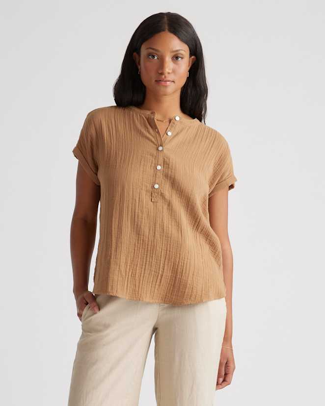 Toasted Coconut 100% Organic Cotton Gauze Roll Sleeve Shirt
