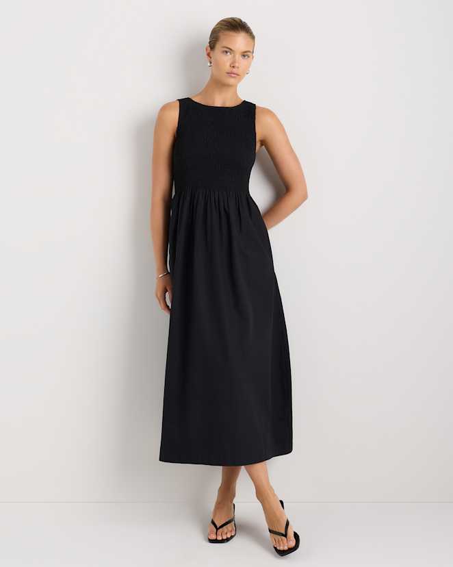 Black 100% Organic Cotton Poplin Boat Neck Maxi Dress