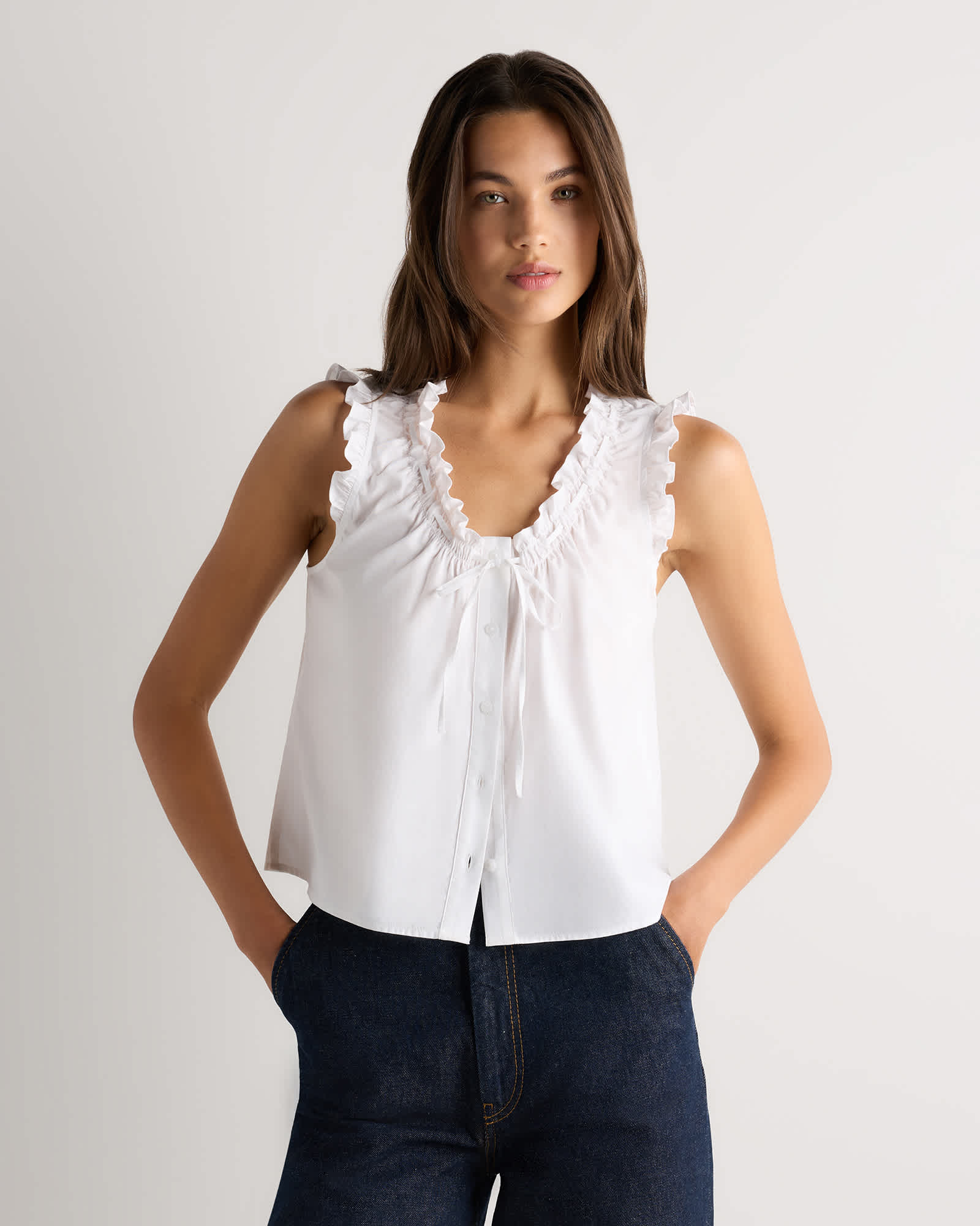 Classic White Cotton Viscose Voile Ruffle Trim Tank