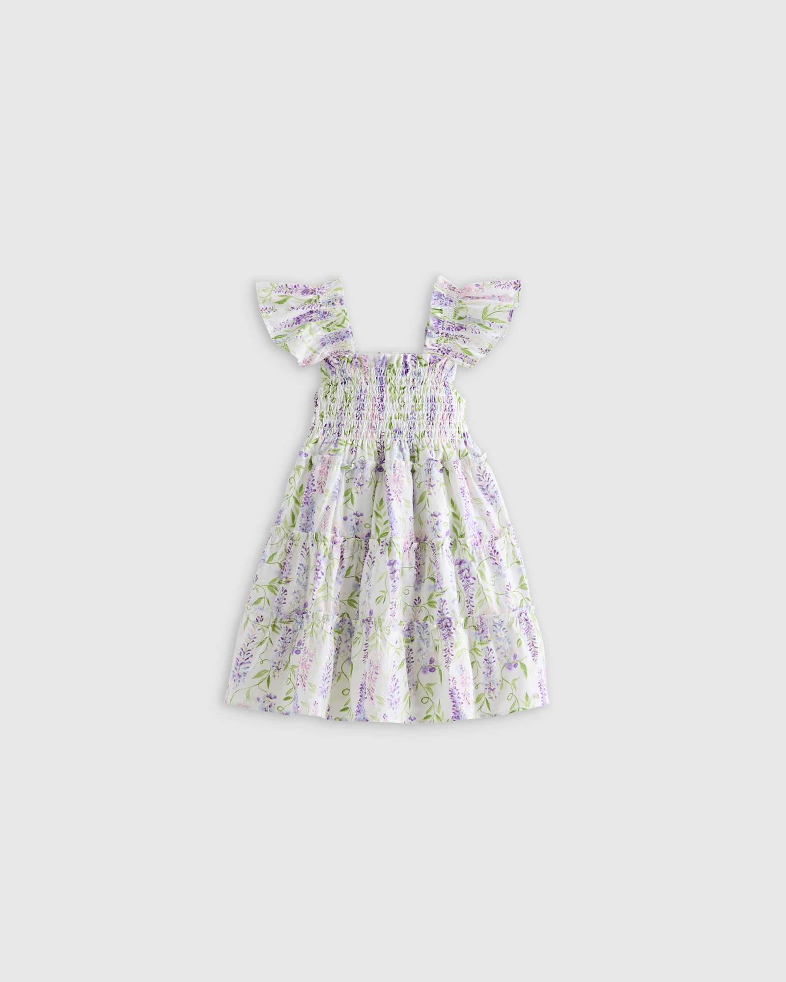 U 252 WISTERIA RETOUCHED wisteria-floral 100% Organic Cotton Poplin Smocked Dress