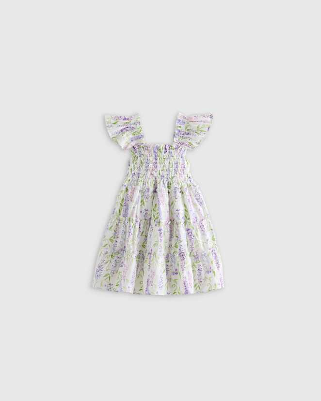 Wisteria Floral 100% Organic Cotton Poplin Smocked Dress