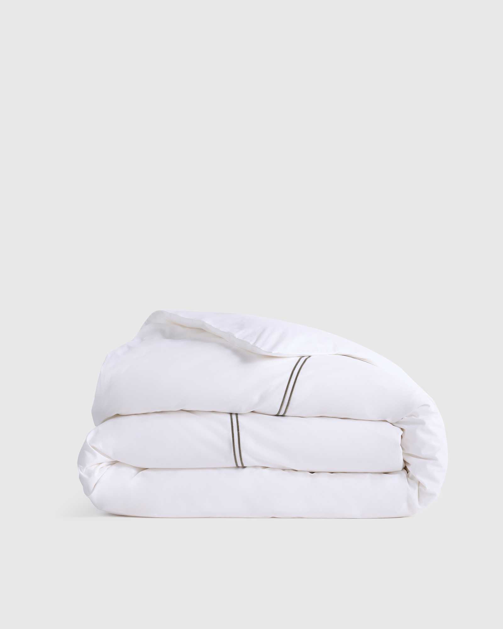 white/dusty-olive Classic Organic Percale Embellished Duvet Cover