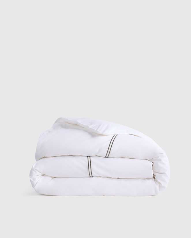 White/Dusty Olive Classic Organic Percale Embellished Duvet Cover