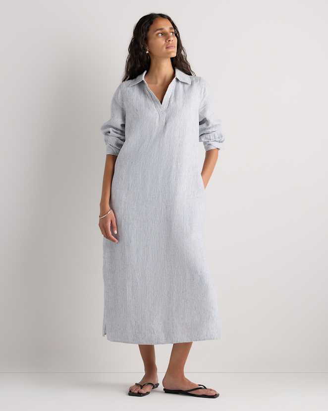 Blue Pinstripe 100% European Linen Popover Maxi Dress