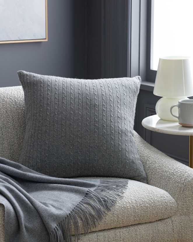 Heather Grey Cable Knit Cashmere Pillow Cover