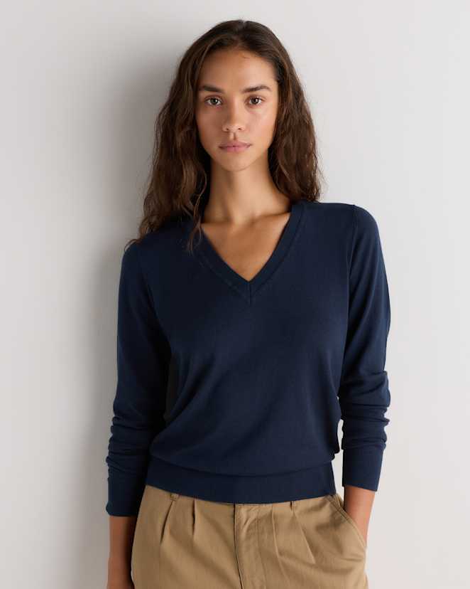 Atlas Navy Lightweight Cotton Cashmere V-Neck Sweater