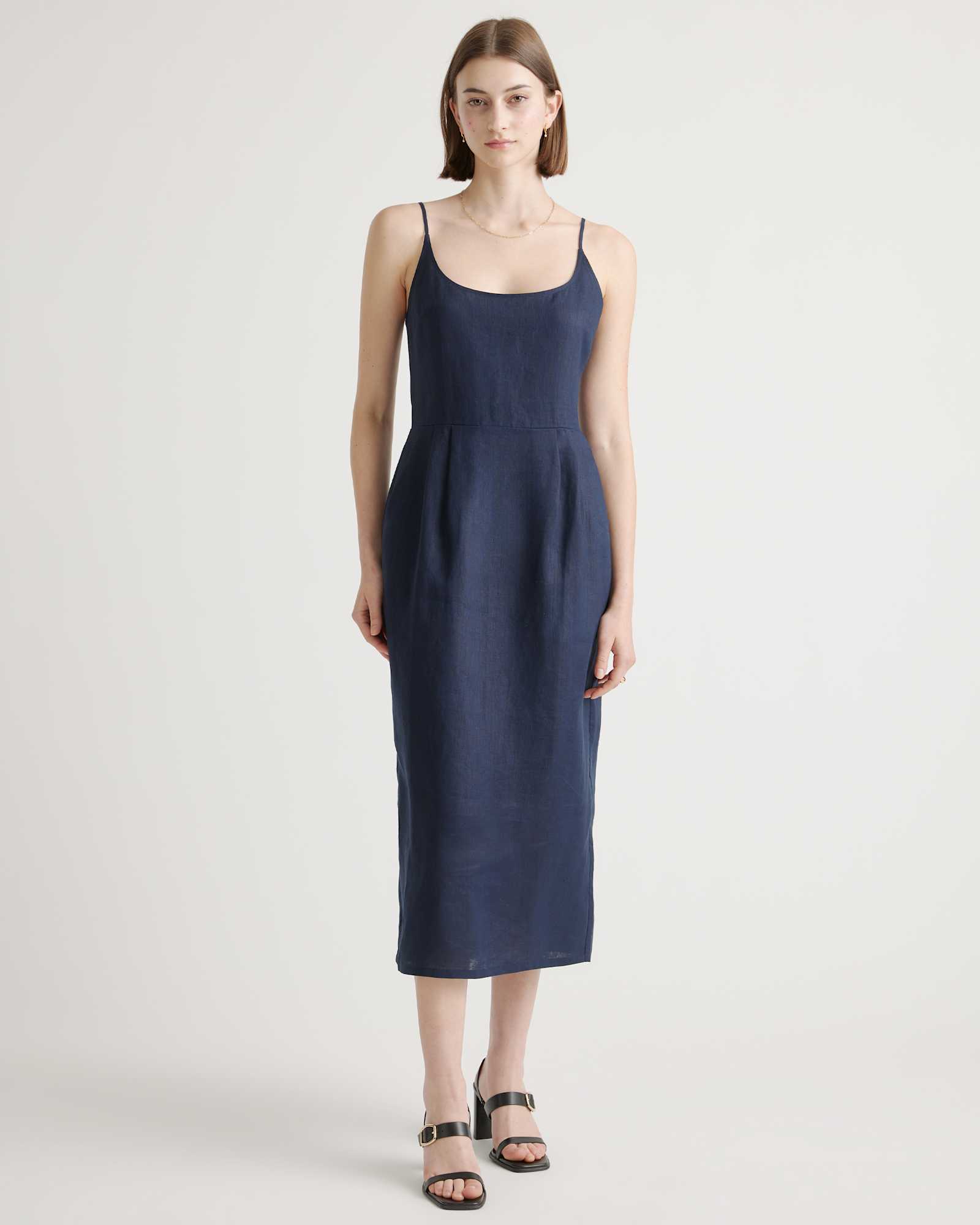 deep-navy 100% European Linen Scoop Neck Midi Dress