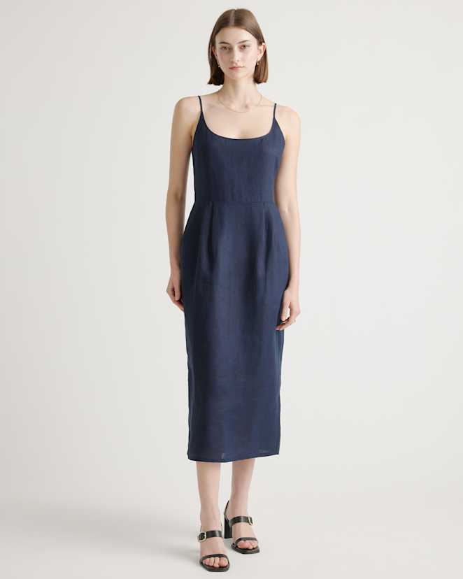Deep Navy 100% European Linen Scoop Neck Midi Dress