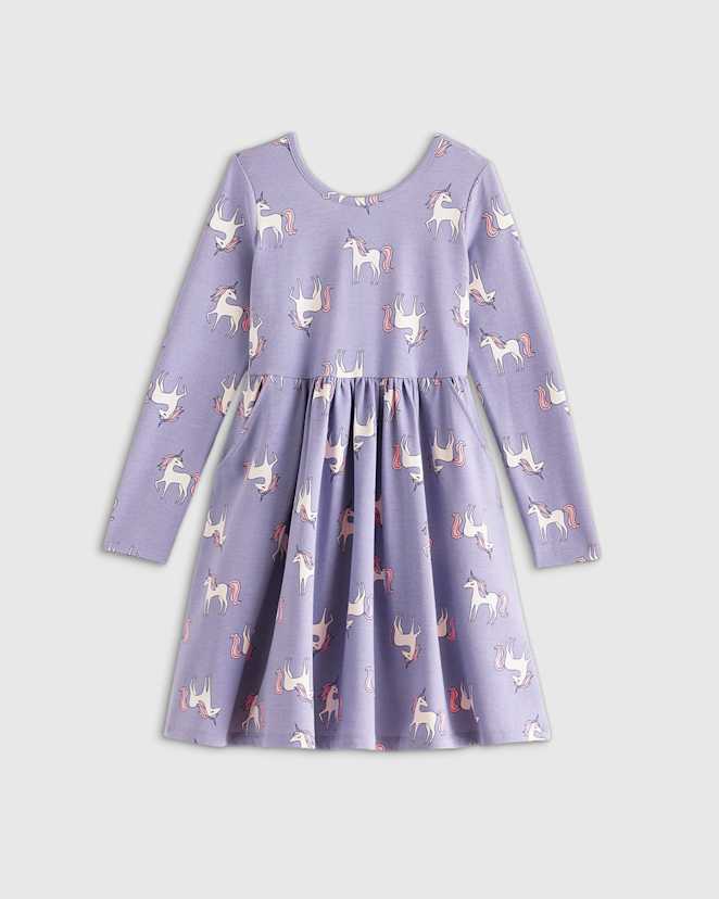 Lilac Unicorn Organic Cotton Long Sleeve Skater Dress