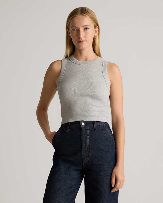 Heather Grey Organic Cotton Micro-Rib Cropped Cutaway Tank