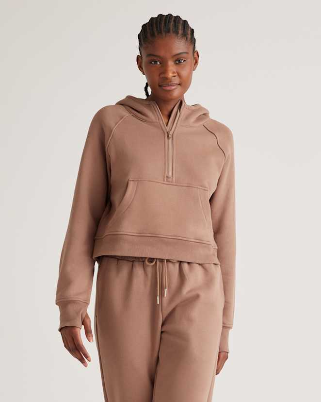 Taupe Organic Heavyweight Fleece Cropped Half Zip Hoodie