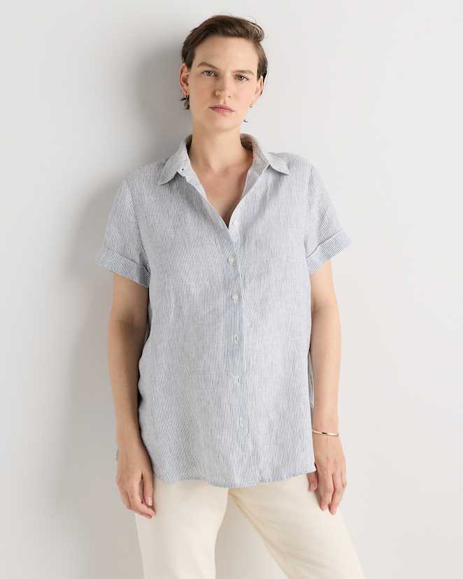 Blue Pinstripe 100% European Linen Maternity Camp Shirt