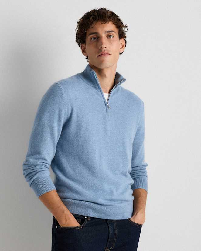 Faded Denim Mongolian Cashmere Quarter Zip Sweater