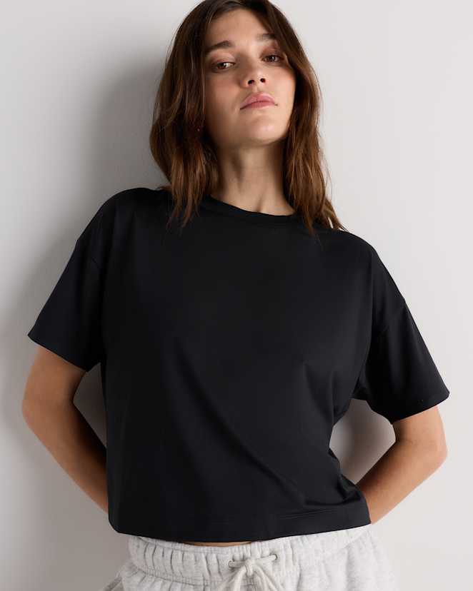 True Black Flowknit Breeze Boxy Cropped Tee