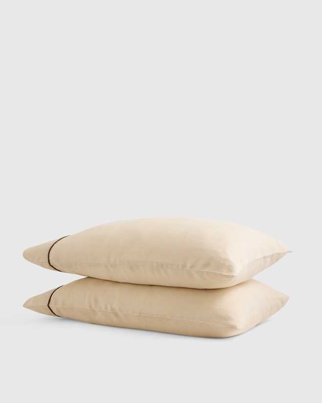 Oat/Espresso European Linen Piped Pillowcase Set