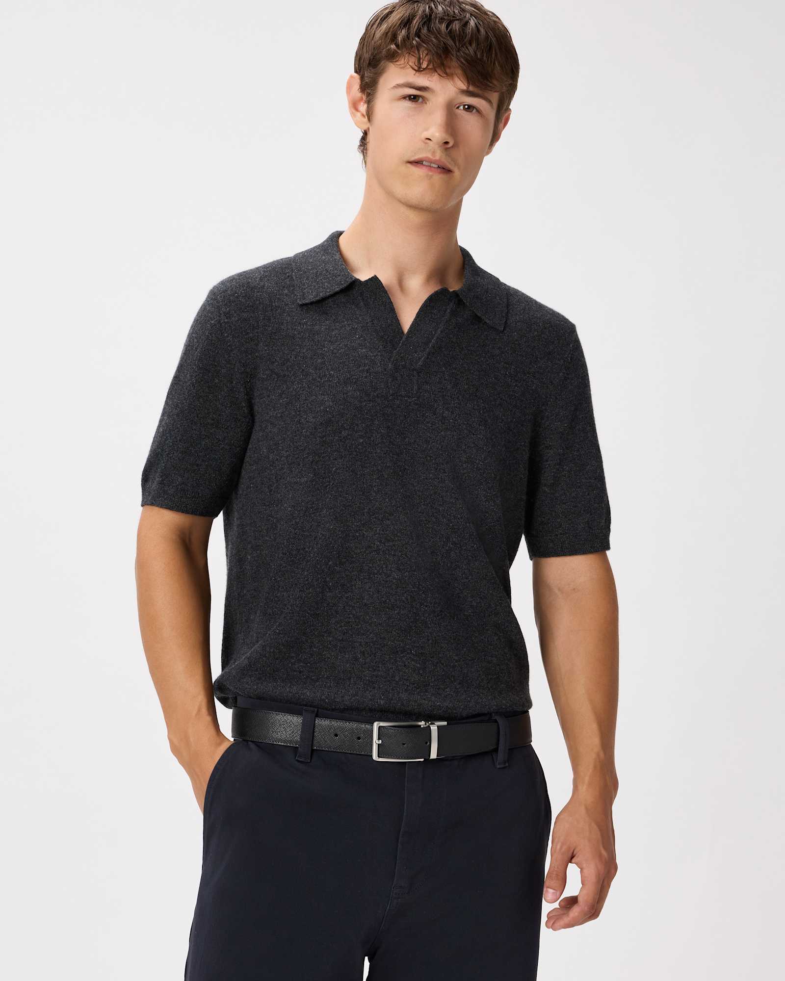 Charcoal 100% Mongolian Cashmere Johnny Collar Polo Sweater