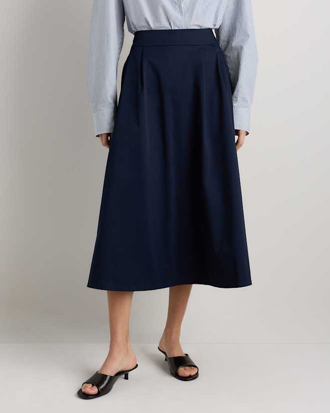Deep Navy Organic Cotton Sateen A-line Midi Skirt