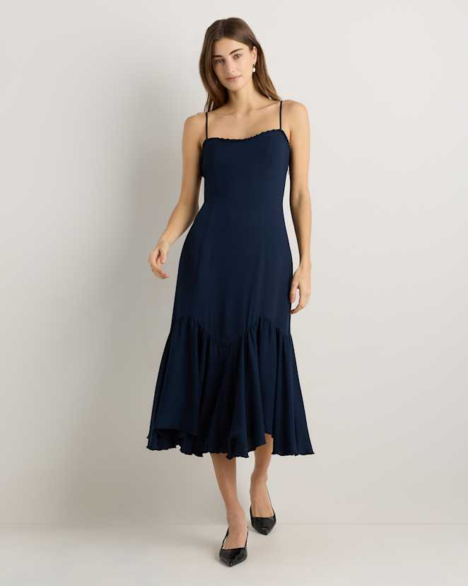 Deep Navy Lightweight Crepe Pleated Hem Midi Dress