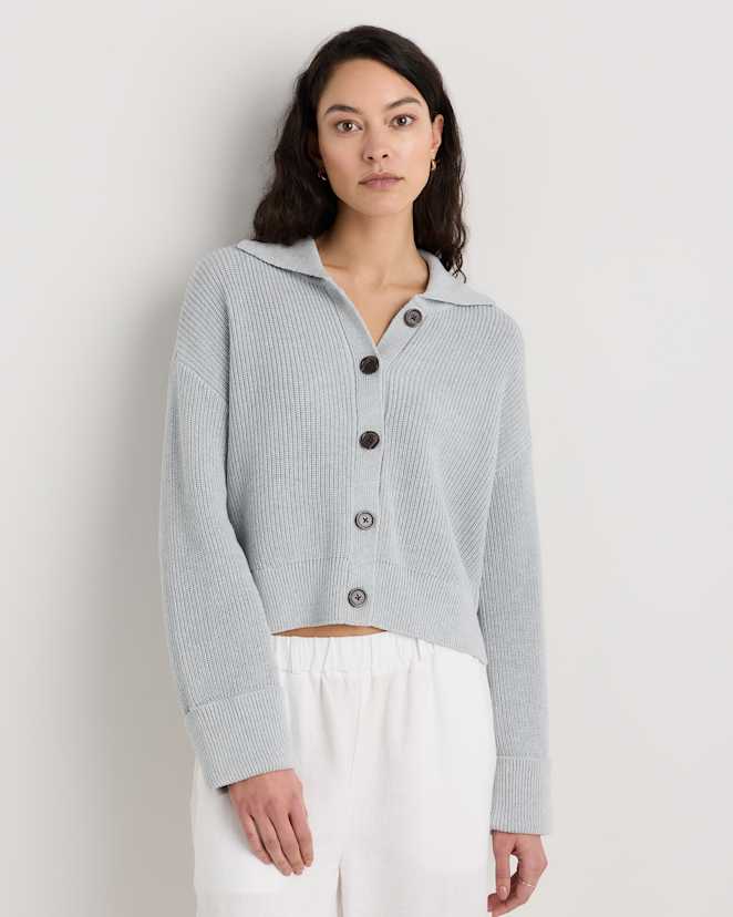 Heather Dove Grey 100% Organic Cotton Fisherman Collared Cardigan