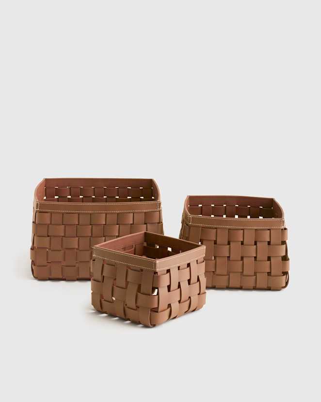 Cognac Recycled Woven Leather Baskets (set of 3)