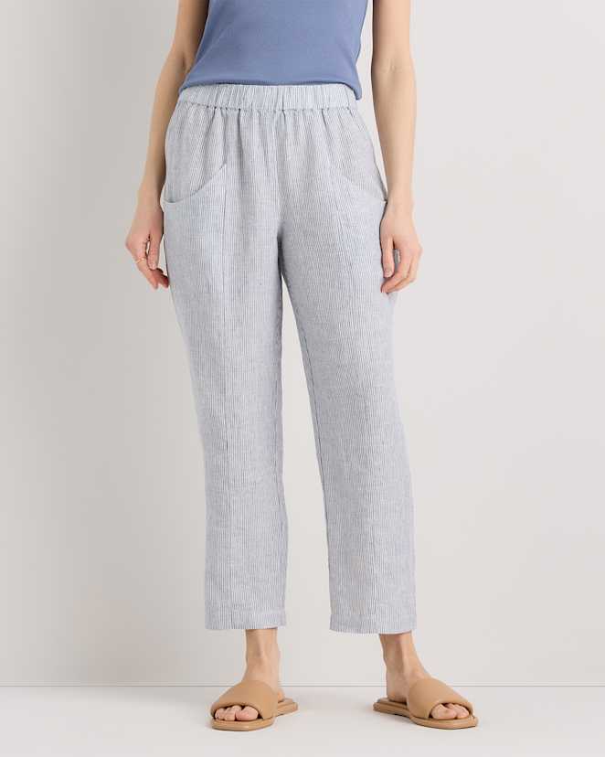 Blue Pinstripe 100% European Linen Tapered Ankle Pants