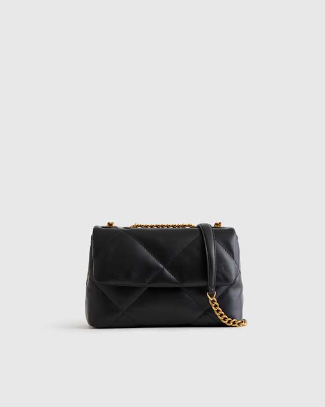 Black/Gold Italian Leather Diamond Quilted Small Shoulder Bag