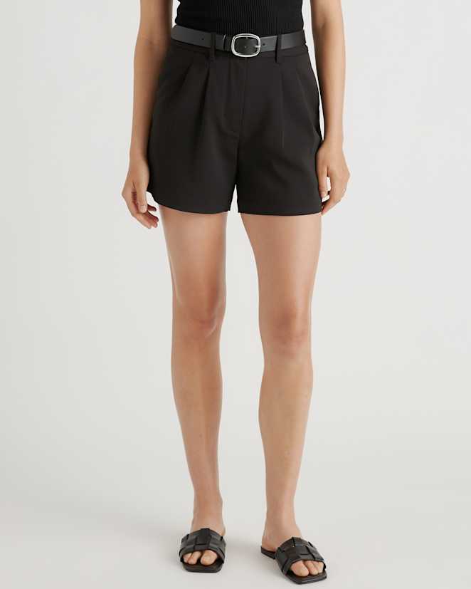 Black Stretch Crepe Pleated Shorts