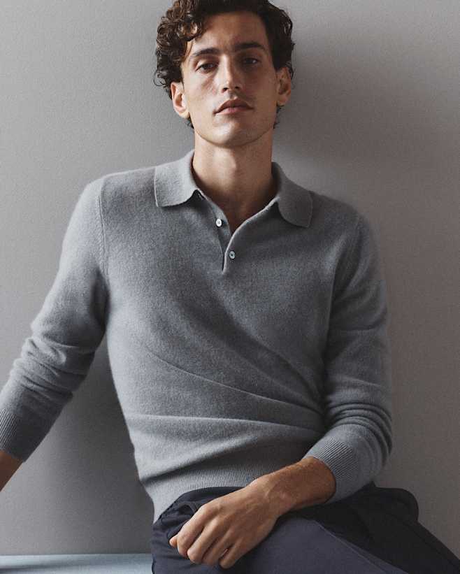 Heather Grey Pull polo en cachemire de Mongolie